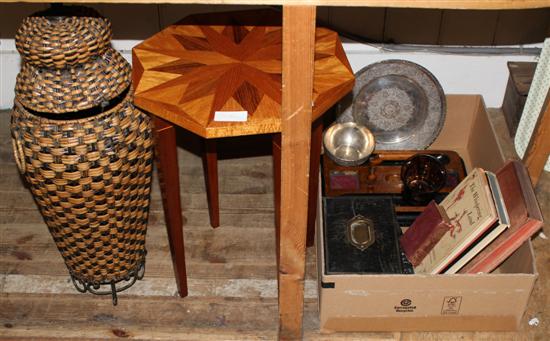 Table basket, books and ink stand etc